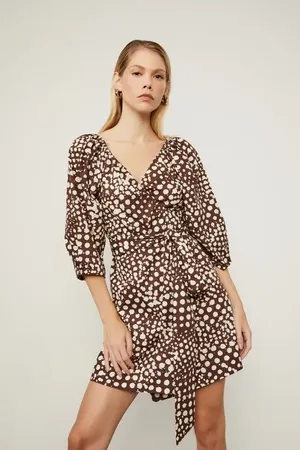 Animale Vestido Curto Manga Longa Cachecouer De Algodão Estampado Pois Vitral Cafe e Creme