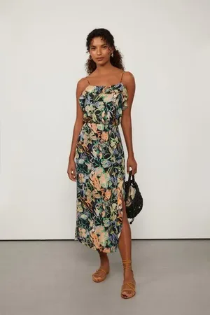 Animale Vestido De Georgette Pesado Midi Babados Estampado Com Fenda Est Floral Pastel Preto e Leve