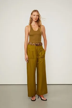 Animale Calça Pantalona Bolsos Frontais Com Linho Verde Verde Figo