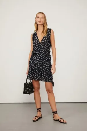 Animale Vestido De Georgette Transpassado Curto Estampado Est Gravataria Flor Preto e Kirli