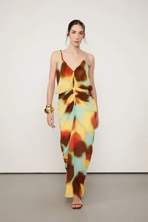 Animale Vestido De Georgette Pesado Longo Franzido Estampado Est Abstrato Silhuetas Yucca