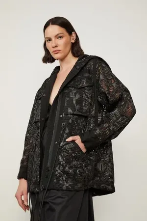 Animale Jaqueta Parka De Tela Cut Out Com Flores Preto