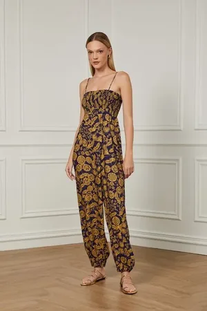 Animale Macacão Saruel Decote Reto Com Top De Lastex Frente e Costas De Alcinha Estampado Floral Est Floral Porcelana Eclipse e Ouro