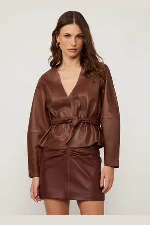 Animale Blusa De Couro Manga Volume Acinturada Marrom Rum