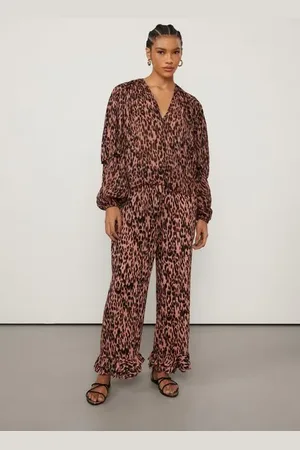 Animale Calça De Georgette Pesado Reta Barra Babados Estampada Est Onca Nite Strawberry p
