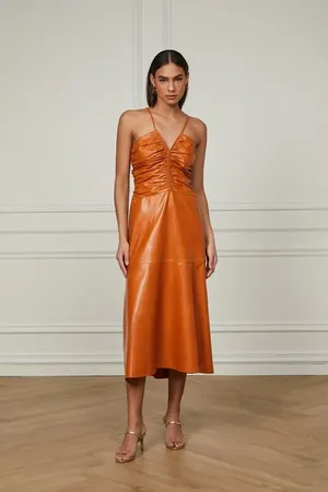 Animale Vestido De Couro Midi Franzido Caramelo Golden