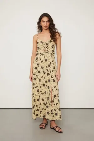 Animale Vestido De Georgette Midi Franzido Frente Estampado Floral Carimbo Golden