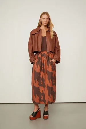 Animale Saia Midi Detalhe Aba Nos Bolsos Com Linho Estampado Est Camuflado Flor Biscoito e Cafe