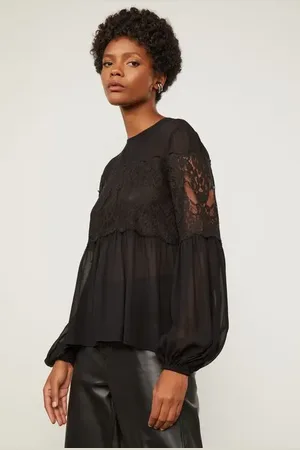 Animale Bata De Georgette Manga Longa Com Renda Vazada Preto Preto