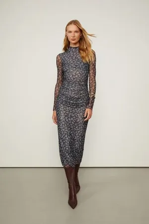 Animale Vestido De Tule Estampado Midi Floral Est Floral Seco Azul e Preto