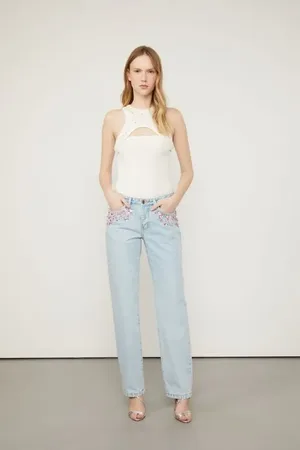 Animale Calça Jeans Low Rise Com Bordado Rose Jeans Claro