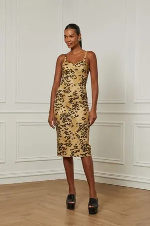 Animale Vestido De Sarja Midi Com Fenda Onca Est Onca Tapecaria Caramelo