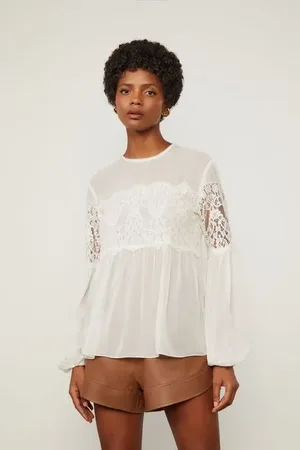 Animale Bata De Georgette Manga Longa Com Renda Vazada Preto Off White
