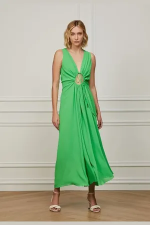 Animale Vestido De Georgette Pesado Midi Verde Recorte Com Colissê Verde Classico