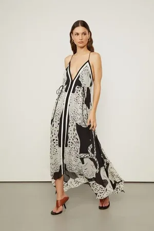 Animale Vestido De Georgette Leve Midi Estampado Decote Nadador Costas Est Lenco Pantera Preto e Branco