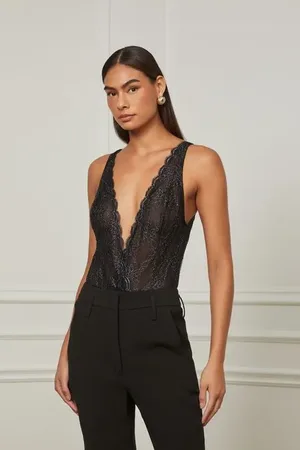 Animale Body Com Decote v De Renda Brilhosa Preto Preto Silver