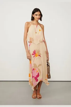 Animale Vestido Midi De Georgette Pesado De Alça Decote Costas Estampado Est Floral Geometrico Block Color