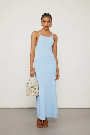 Animale Vestido De Tricot Azul Com Fenda Profunda e Decote Reto Azul Oceanico