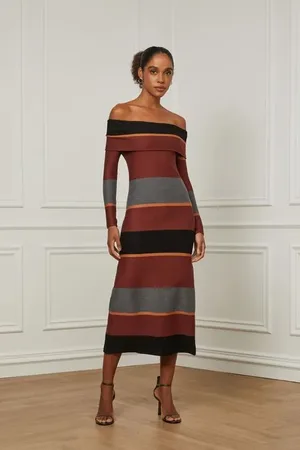 Animale Vestido Midi Ombro a Ombro Manga Longa De Malha Canelada Listrado Marrom Rum