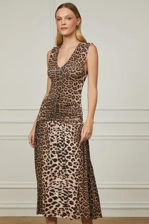 Animale Vestido De Malha Shape Regata Com Saia Franzida Estampado Leopardo Dorso Color