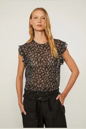Animale Blusa De Georgette Leve Babados Estampada Est Floral Seco Azul e Preto