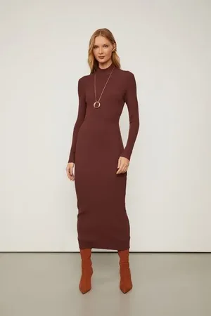 Animale Vestido De Tricot Midi Com Gola Alta e Abertura Costas Marrom Rum