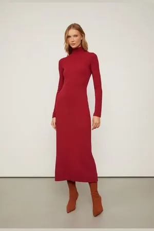 Animale Vestido De Malha Crepe Marrom Midi Manga Longa Com Fenda Marrom Ruibarbo