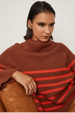 Animale Blusão De Tricot Pull Com Gola Alta Listras Marrom Biscoito Listra Laranja Clash