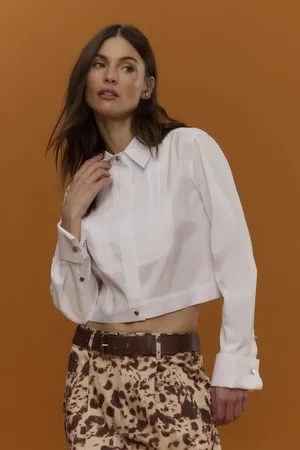 Animale Camisa Cropped De Tricoline Com Nervuras Branco