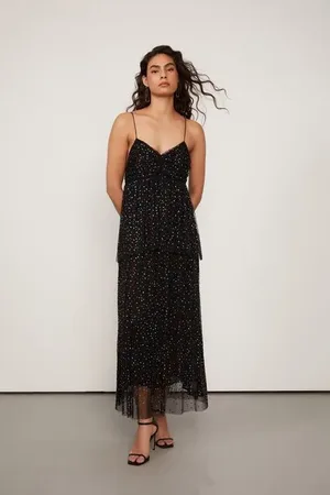 Animale Vestido De Tule Longo Preto Camadas Com Hotfix Preto