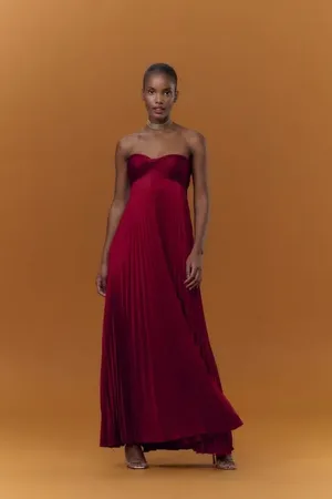 Animale Vestido Longo Sem Alças Plissado Marrom Ruibarbo