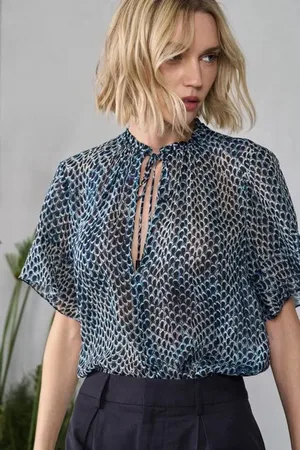 Animale Blusa De Georgette Manga Curta Com Decote v Estampado Est Textura Snake Color