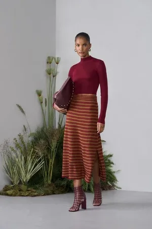 Animale Saia De Tricot Midi Com Fenda Listrada Marrom Ruibarbo Marrom Doe