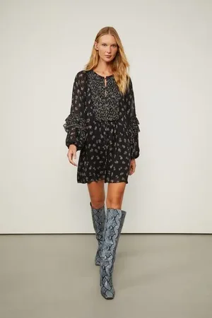 Animale Vestido De Georgette Leve Curto Manga Longa Estampado Est Floral Seco Azul e Preto