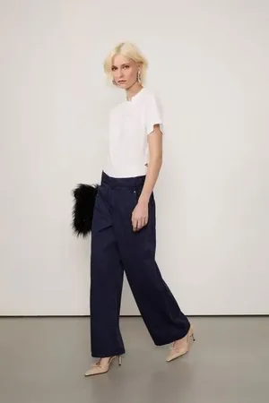Animale Calça De Sarja Wide Leg Lateral Deslocada Azul Eclipse