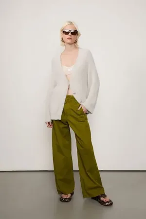 Animale Calça De Sarja Wide Leg Lateral Deslocada Verde Figo