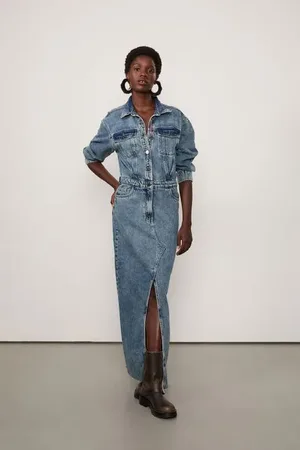 Animale Vestido De Jeans Longo Sem Manga Com Fenda Jeans Medio