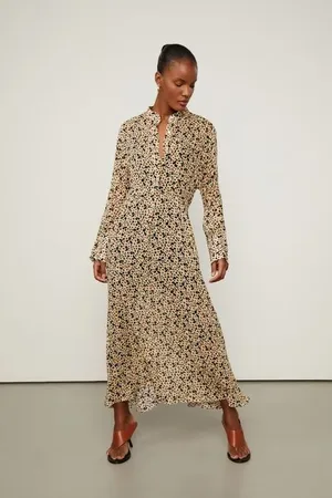 Animale Vestido De Georgette Leve Longo Manga Longa Estampado Est Floral Ruido Preto e Grass
