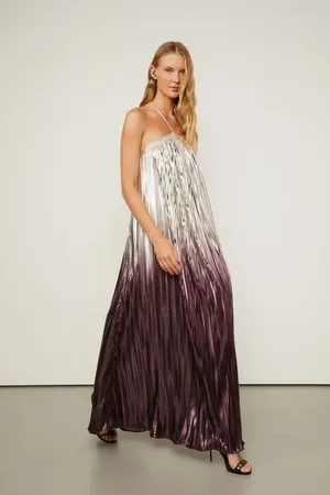 Animale Vestido Plissado Longo Ombrê Alça Cruzada Costas RoxoPrata