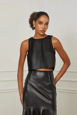 Animale Top De Couro Cropped Basico Preto