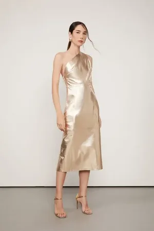 Animale Vestido De Couro Um Ombro So Metalizado Champagne