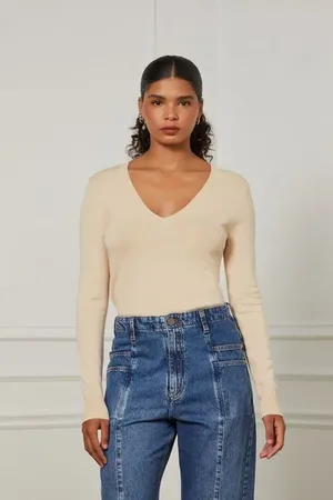 Animale Blusa De Tricot Básica Com Decote v e Manga Longa Bege Neutro