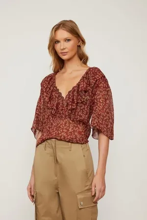 Animale Blusa De Georgette Leve Gola Babado Estampada Est Onca Reticula Ruibarbo e Doe