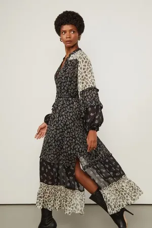 Animale Vestido De Georgette Leve Midi Manga Longa Estamapado Fenda Lateral Est Floral Seco Azul e Preto