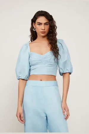 Animale Blusa Cropped Manga Bufante e Busto Franzido Azul Azul Sereia