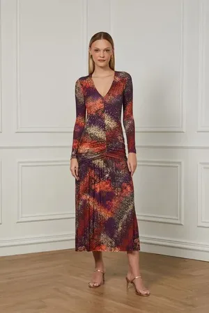 Animale Vestido De Malha Midi Manga Longa Com Saia Franzida Estampado Est Pois Confeti Plum