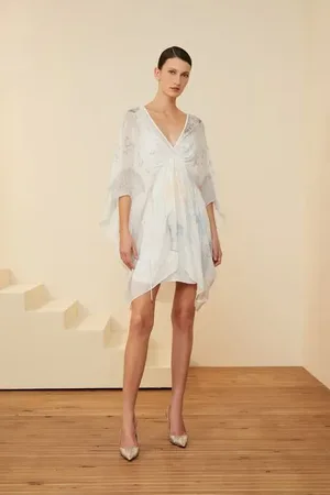 Animale Vestido De Georgette Leve Curto Decote v Estampado Est Barrado Noronha Coral Branco