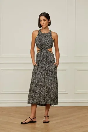 Animale Vestido Midi Decote Redondo Sem Manga Amarração Na Cintura Estampado Pois Signo Est Pois Signo Off e Preto p