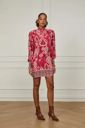 Animale Vestido De Seda Curto Manga Longa Estampado Gola Alta Est Bar Ikat Limar Color p