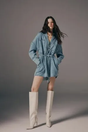 Animale Vestido De Jeans Decote v Com Amarração Jeans Claro